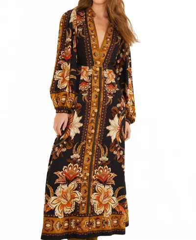 Farm Rio Black Majestic Garden Buttoned Puff Sleeve Maxi Dress In Brown
