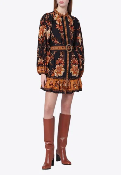 Farm Rio Majestic Garden Multicolor Crewneck Mini Dress With All-over Floral Motif And Front Belt In Cotton W