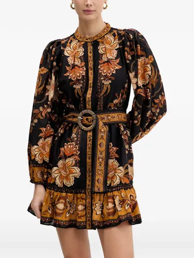 Farm Rio Majestic Garden Multicolor Crewneck Mini Dress With All-over Floral Motif And Front Belt In Cotton W