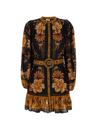 Farm Rio Majestic Garden Multicolor Crewneck Mini Dress With All-over Floral Motif And Front Belt In Cotton W