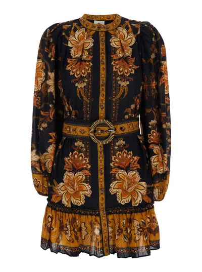 Farm Rio Majestic Garden Multicolor Crewneck Mini Dress With All-over Floral Motif And Front Belt In Cotton W