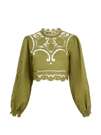 Farm Rio Majestic Garden Green Cropped Crewneck Blouse With Floral Cut-out And All-over Embroidery In Linen W