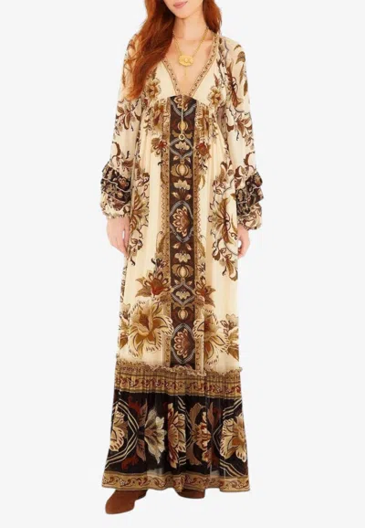 Farm Rio Majestic Garden Ruffled Maxi Dress In Brown