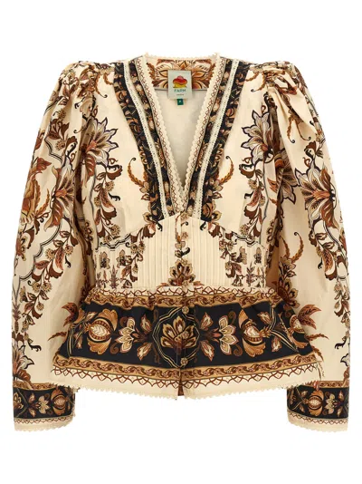 Farm Rio Lace Puff Sleeve Blouse In Majestic Garden Sand In Multi