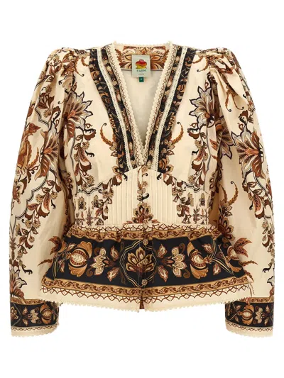 Farm Rio 'majestic Garden Sand' Blouse In Neutral
