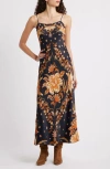 Farm Rio Black Majestic Garden Lenzing Ecovero Viscose Slip Maxi Dress In Multi