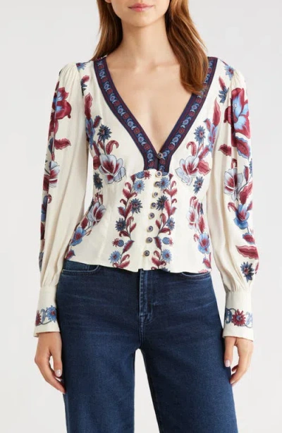 Farm Rio Floral-print V-neck Blouse In White