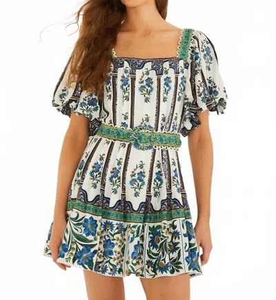 Farm Rio Manoela Short Sleeve Belt Mini Dress In Off-white In Multi