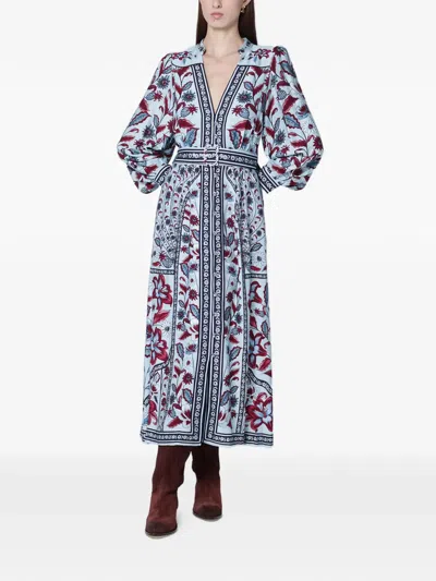 Farm Rio Light Blue Midi Dress With Floral Print In Multi