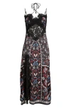 Farm Rio Marcelle Eyelash Lace Trim Halter Satin Slipdress In Black