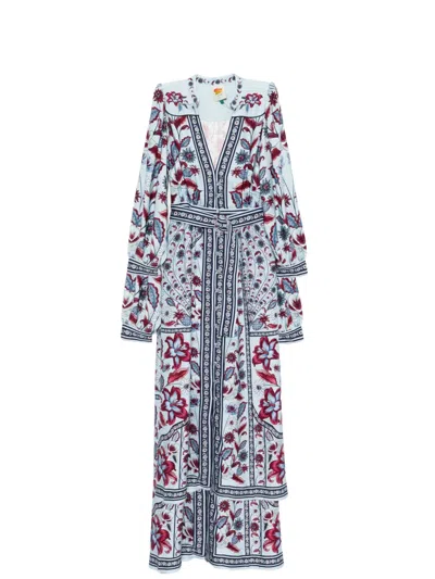 Farm Rio Light Blue Midi Dress With Floral Print In Multi