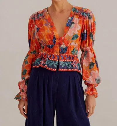 Farm Rio Marias Floral Long Sleeve Blouse In Orange In Multi