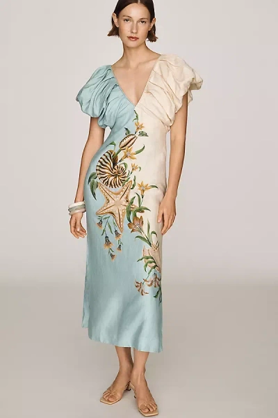 Farm Rio Marine Garden Linen Midi Dress In Beige