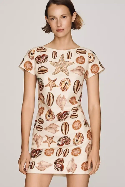 Farm Rio Marine Shells Linen Mini Dress In Beige