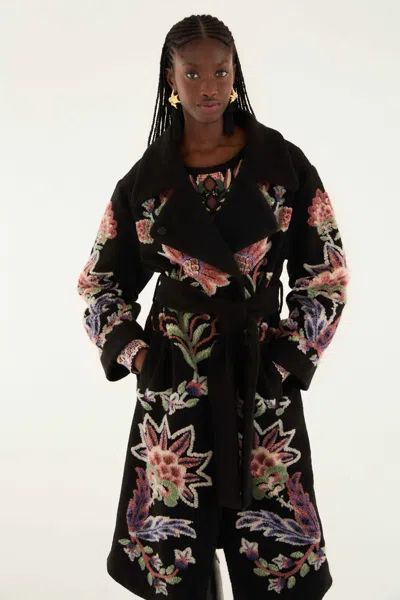 Farm Rio Floral-embroidered Belted Coat In Black