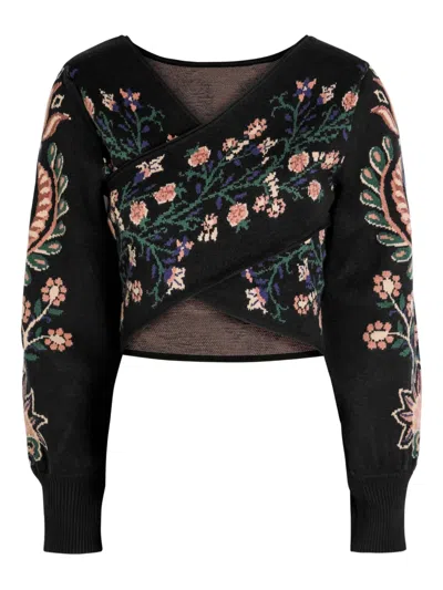 Farm Rio Marvelous Garden Floral-jacquard Sweater In Black