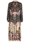 Farm Rio Marvelous Garden Floral-print Satin Midi Dress In Black