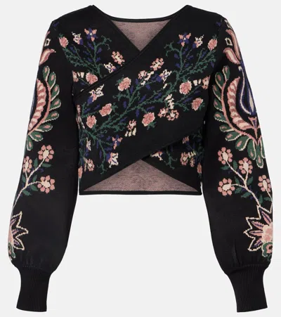 Farm Rio Marvelous Garden Knitted Wrap Top In Black