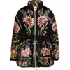Farm Rio Padded Velvet Jacket With Floral And Bird Embroidery In Black