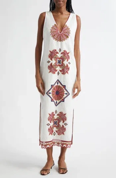 Farm Rio Mary's Tiles Embroidered Detail Linen Dress In Off-white