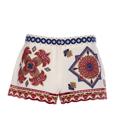 Farm Rio Marys Tiles Embroidered White Shorts