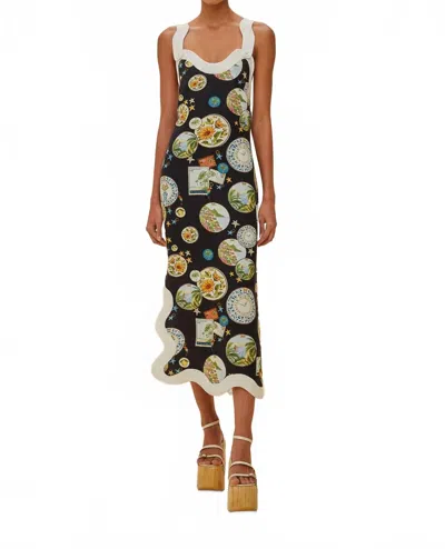 Farm Rio Womens Black Trip Souvenir Wavy-trims Linen Maxi Dress In Multi