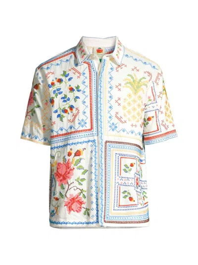 Farm Rio Men's Tropical Cross Stitch Embroidered Shirt In Neutral