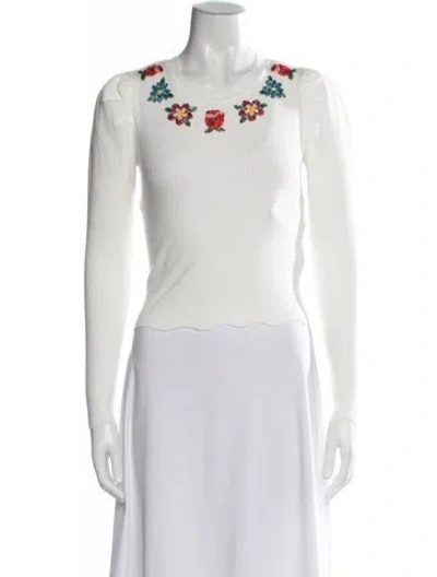 Pre-owned Farm Rio Merino Wool Floral Print Sweater In White