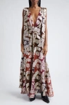 Farm Rio Metallic Jacquard Sleeveless Maxi Dress In Beige