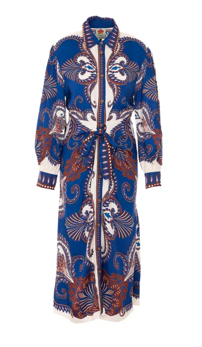 Farm Rio Blue Shirt Dress With Brown Print In Multi