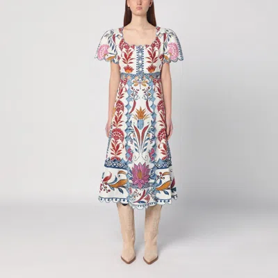 Farm Rio Midi Linen Dress With Multi-coloured Print In Multicolor