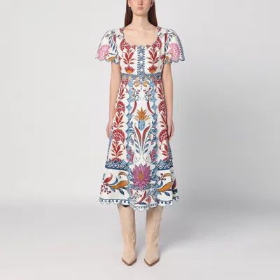 Farm Rio Midi Linen Dress With Multi-coloured Print In Multicolor