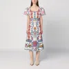 Farm Rio Midi Linen Dress With Multi-coloured Print In Multicolor