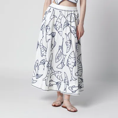 Farm Rio Cotton Midi Skirt With Marine Embroidery In White