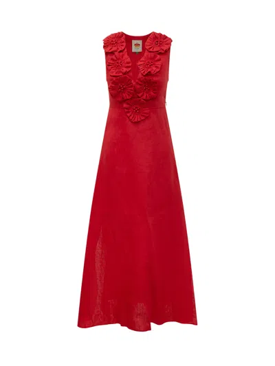 Farm Rio Midi Sleeveless Floral Detail Dress In Red