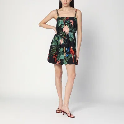 Farm Rio Midnight Macaw Fiesta Black Mini Dress In Linen Blend