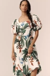 Farm Rio Midnight Macaw Fiesta Linen Blend Puff-sleeve Midi Dress In Multicolor