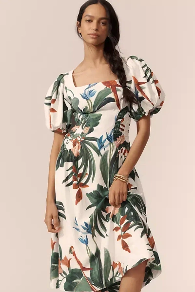 Farm Rio Midnight Macaw Fiesta Linen Blend Puff-sleeve Midi Dress In Multicolor