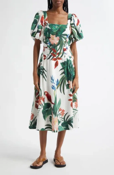 Farm Rio Midnight Mccaw Fiesta Floral Linen Blend Midi Dress In Off-white