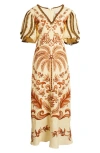 Farm Rio Milani Bead Trim Mixed Print Linen Maxi Dress