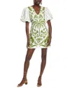 Farm Rio Milani Off-white V Neckline Short Sleeve Linen Mini Dress In Multi