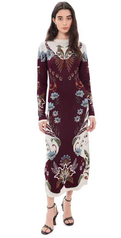 Farm Rio Millena Burgundy Knit Midi Dress Millena Burgundy