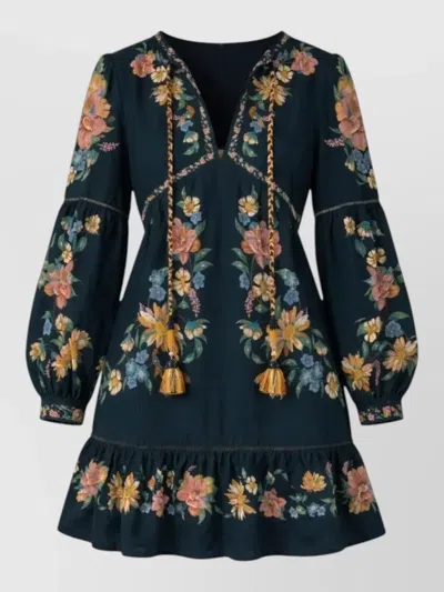 Farm Rio Mini Dress Floral Embroidery Long Sleeves Tassel In Blue