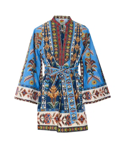 Farm Rio Blue Dress With V-neck And All-over Floral Motif In Fabric Woman In Multi