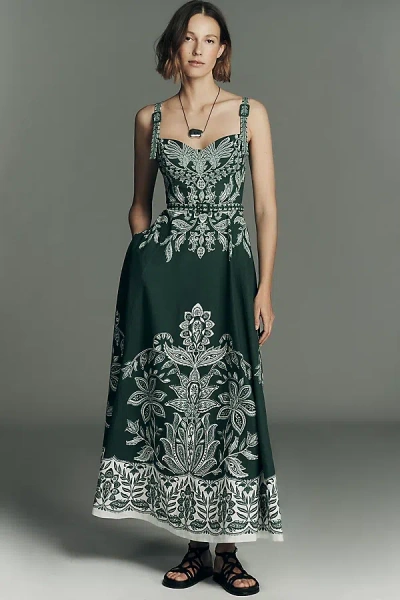 Farm Rio Miranda Buckles Floral Belted Midi Dress In Green