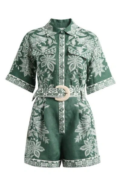 Farm Rio Miranda Belted Linen Utility Romper In Green