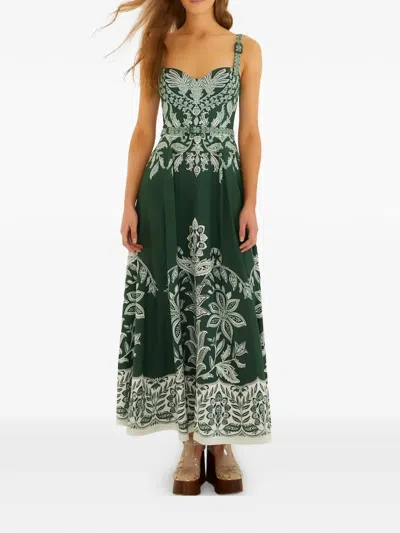 Farm Rio Miranda Buckles Floral Belted Midi Dress In Green