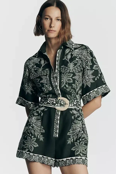 Farm Rio Miranda Short-sleeve Belted Linen Romper In Green