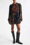 Shop Farm Rio Mixed Arabesque Scarves Print Long Sleeve Minidress In Black Arabesque