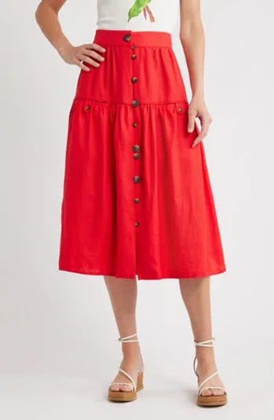 Farm Rio Mixed Buttons Linen Midi Skirt In Red